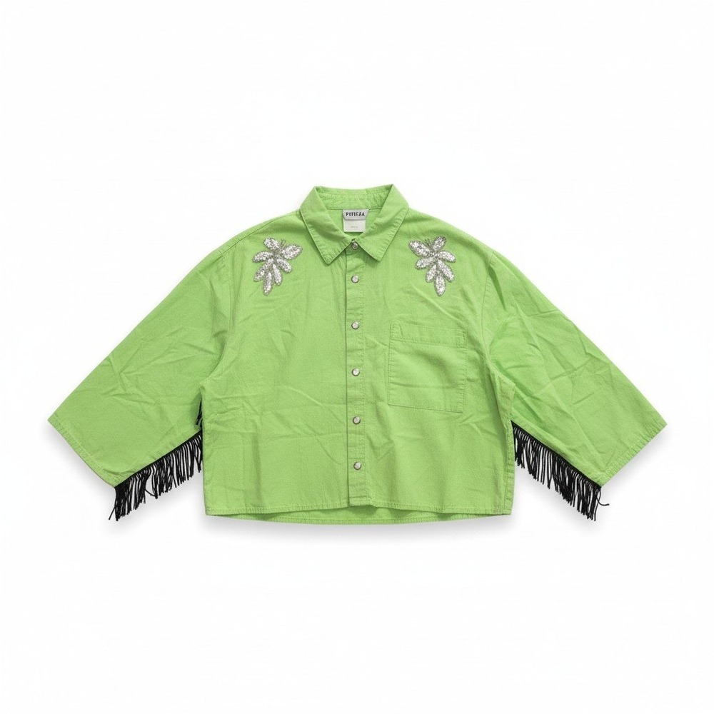Prezzia Vintage Lime Green Fringe Sequin Cropped Shirt, Women's Medium, 3-415 US
